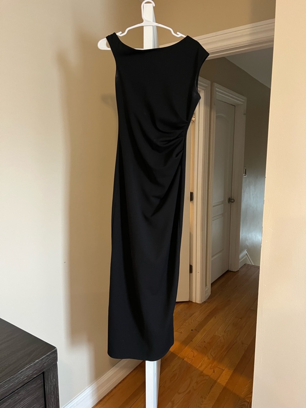 Commense Black Sleeveless Midi Dress with Side Drape